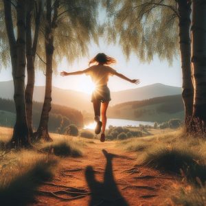 Woman skipping on nature path, grateful, gratitude