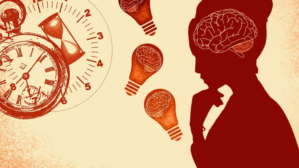 Woman profile silhouette with brain highlighted and lightbulbs surrounding her, growth mindset