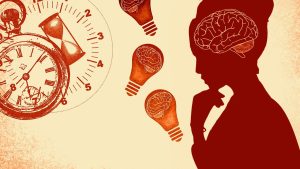 Woman profile silhouette with brain highlighted and lightbulbs surrounding her, growth mindset
