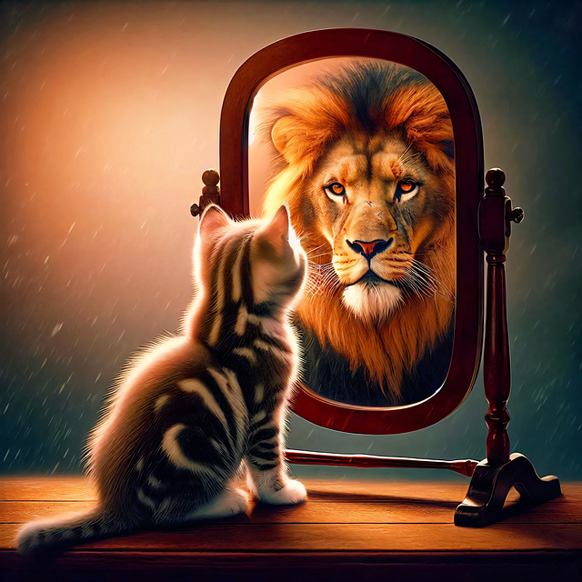 Kitten looking into mirror to see a lion, positive affirmations, self-worth, self-esteem, how to be courageous
